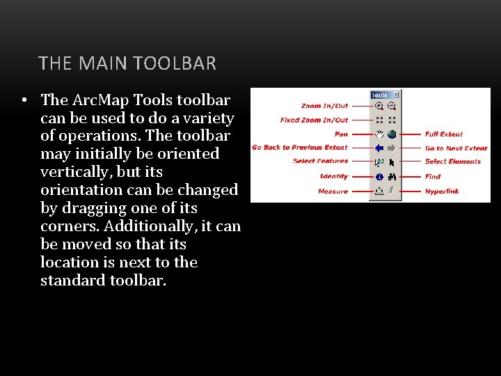 THE MAIN TOOLBAR • The Arc. Map Tools toolbar can be used to do