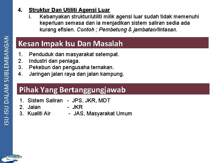 ISU-ISU DALAM SUBLEMBANGAN 4. Struktur Dan Utiliti Agensi Luar i. Kebanyakan struktur/utiliti milik agensi