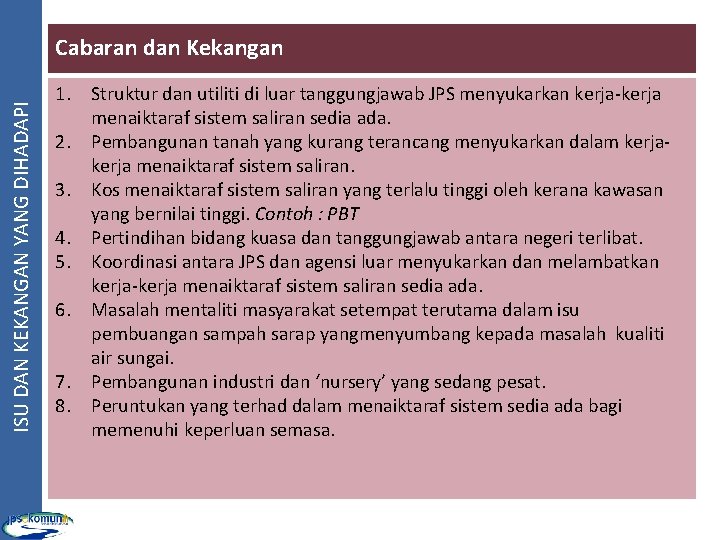 ISU DAN KEKANGAN YANG DIHADAPI Cabaran dan Kekangan 1. Struktur dan utiliti di luar