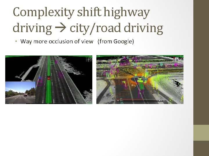 Complexity shift highway driving city/road driving • Way more occlusion of view (from Google)