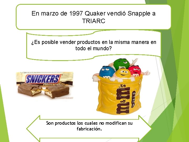 En marzo de 1997 Quaker vendió Snapple a TRIARC ¿Es posible vender productos en