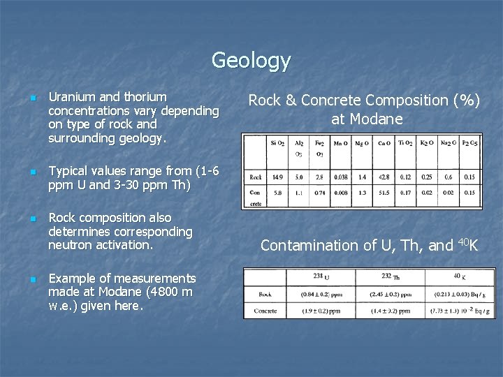 Geology n n Uranium and thorium concentrations vary depending on type of rock and