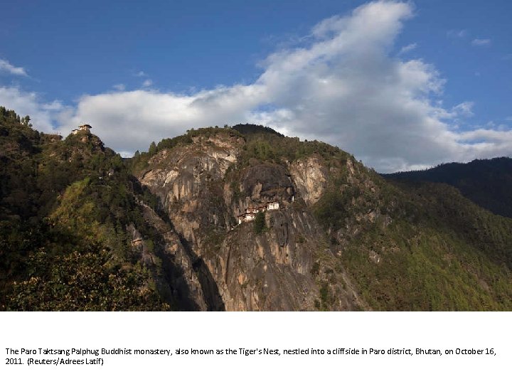 The Paro Taktsang Palphug Buddhist monastery, also known as the Tiger's Nest, nestled into