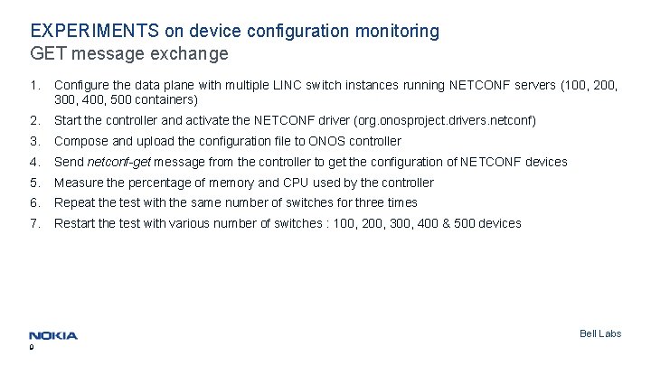 EXPERIMENTS on device configuration monitoring GET message exchange 1. Configure the data plane with