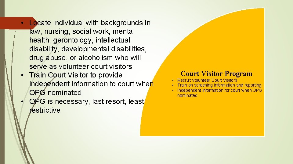  • Locate individual with backgrounds in law, nursing, social work, mental health, gerontology,