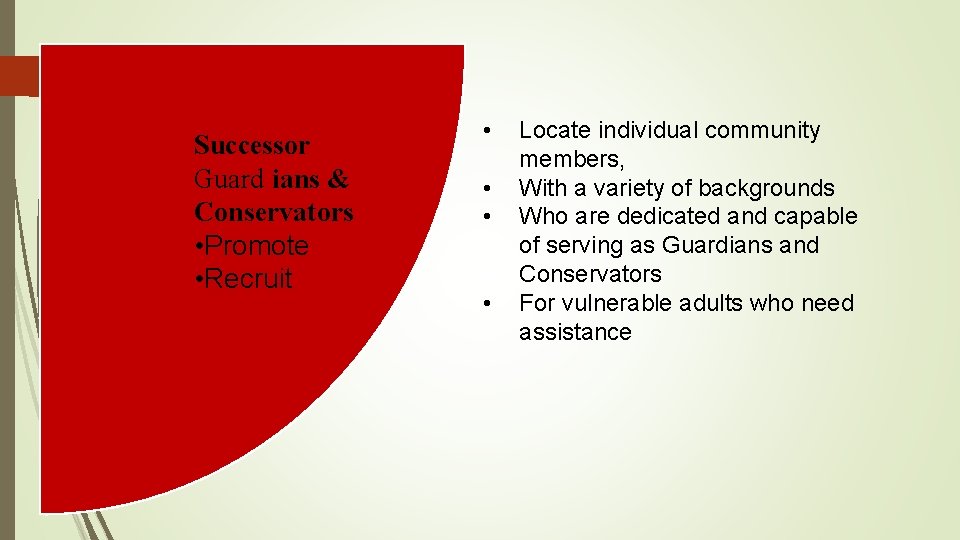 Successor Guard ians & Conservators • Promote • Recruit • • Locate individual community