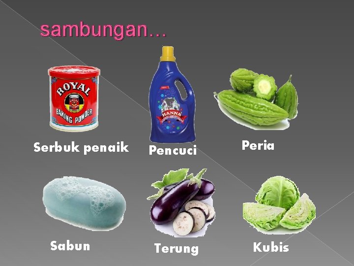 sambungan… Serbuk penaik Sabun Pencuci Terung Peria Kubis 