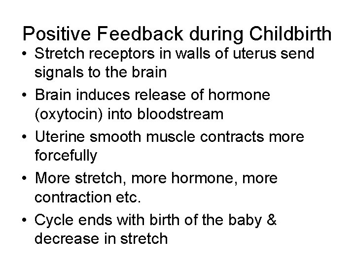 Positive Feedback during Childbirth • Stretch receptors in walls of uterus send signals to