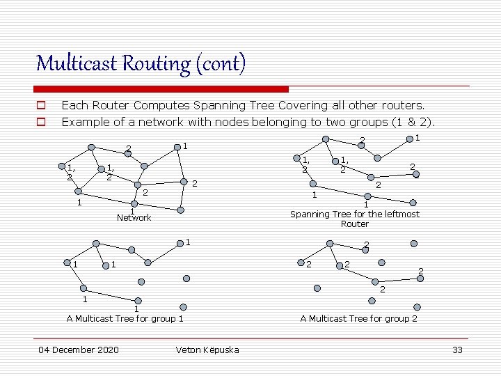 Multicast Routing (cont) o o Each Router Computes Spanning Tree Covering all other routers.