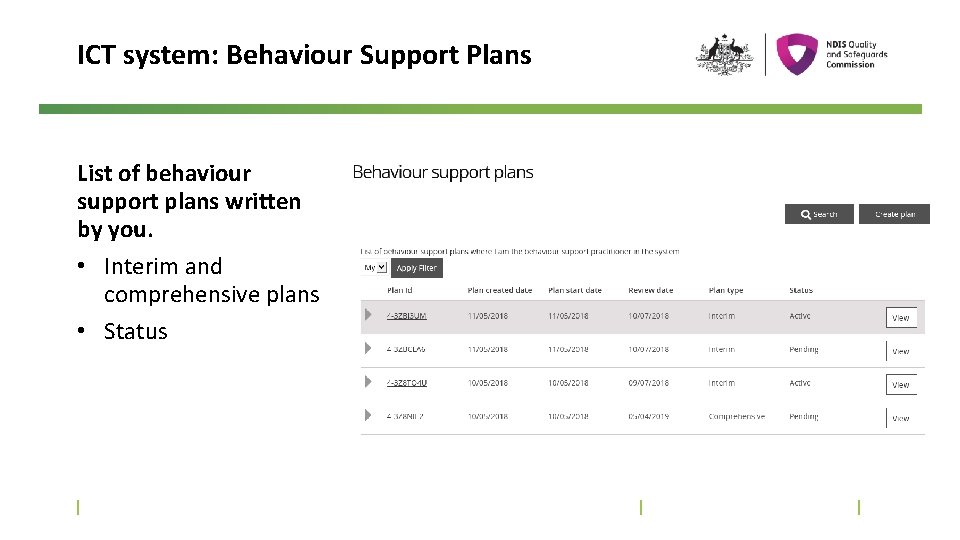 ICT system: Behaviour Support Plans List of behaviour support plans written by you. •
