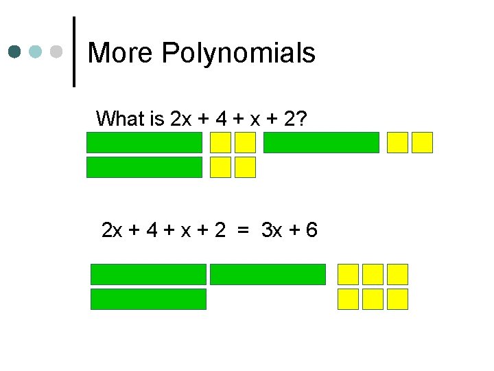 More Polynomials What is 2 x + 4 + x + 2? 2 x