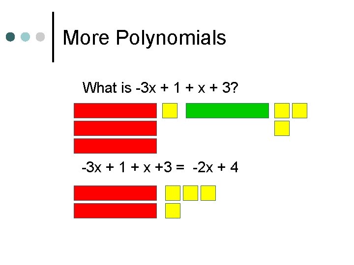 More Polynomials What is -3 x + 1 + x + 3? -3 x More Polynomials What is -3 x + 1 + x + 3? -3 x