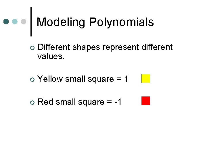 Modeling Polynomials ¢ Different shapes represent different values. ¢ Yellow small square = 1 Modeling Polynomials ¢ Different shapes represent different values. ¢ Yellow small square = 1