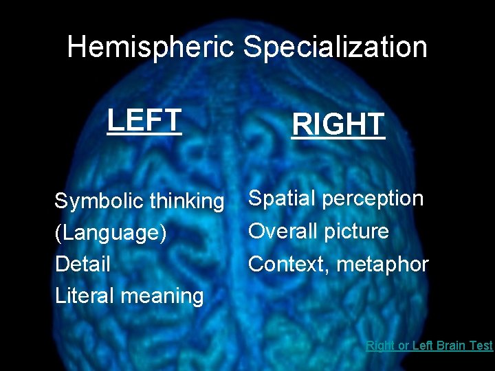 Hemispheric Specialization LEFT RIGHT Symbolic thinking (Language) Detail Literal meaning Spatial perception Overall picture