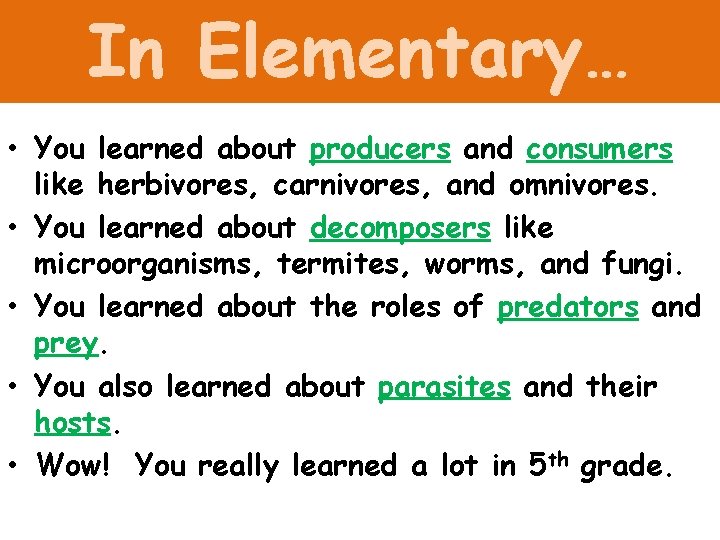 In Elementary… • You learned about producers and consumers like herbivores, carnivores, and omnivores.