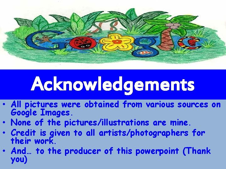 Acknowledgements • All pictures were obtained from various sources on Google Images. • None