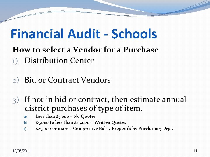 Financial Audit - Schools How to select a Vendor for a Purchase 1) Distribution