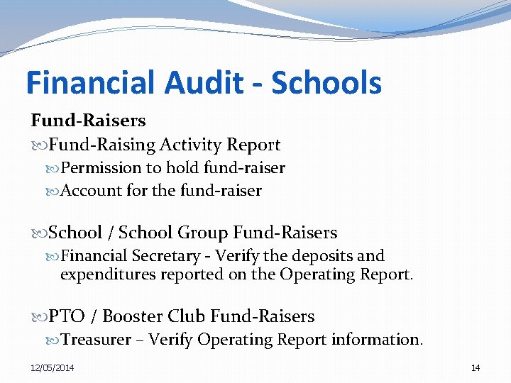 Financial Audit - Schools Fund-Raisers Fund-Raising Activity Report Permission to hold fund-raiser Account for