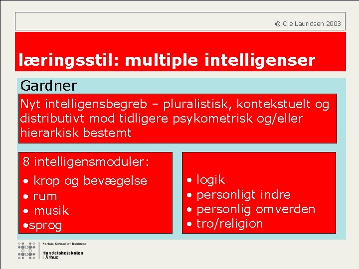  © Ole Lauridsen 2003 læringsstil: multiple intelligenser Gardner Nyt intelligensbegreb – pluralistisk, kontekstuelt