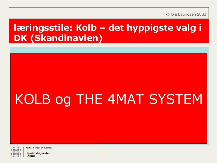  © Ole Lauridsen 2003 læringsstile: Kolb – det hyppigste valg i DK (Skandinavien)
