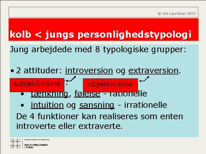  © Ole Lauridsen 2003 kolb < jungs personlighedstypologi Jung arbejdede med 8 typologiske