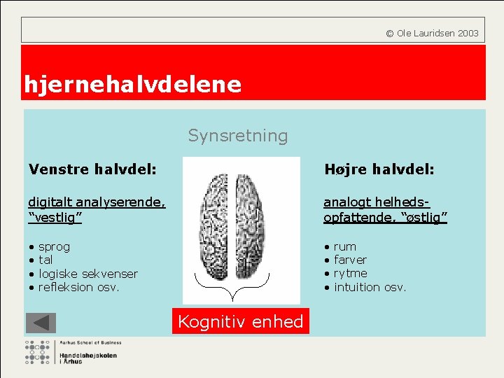  © Ole Lauridsen 2003 hjernehalvdelene Synsretning Venstre halvdel: Højre halvdel: digitalt analyserende, “vestlig”