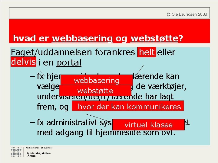  © Ole Lauridsen 2003 hvad er webbasering og webstøtte? helt Faget/uddannelsen forankres helt
