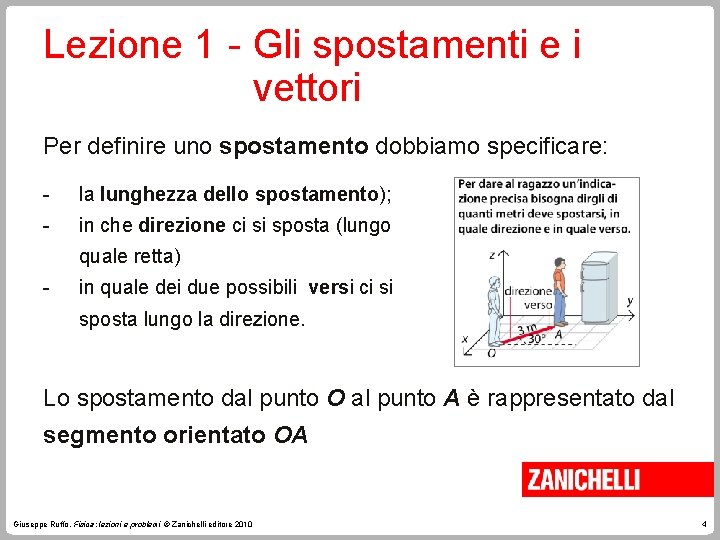 Lezione 1 - Gli spostamenti e i vettori Per definire uno spostamento dobbiamo specificare: