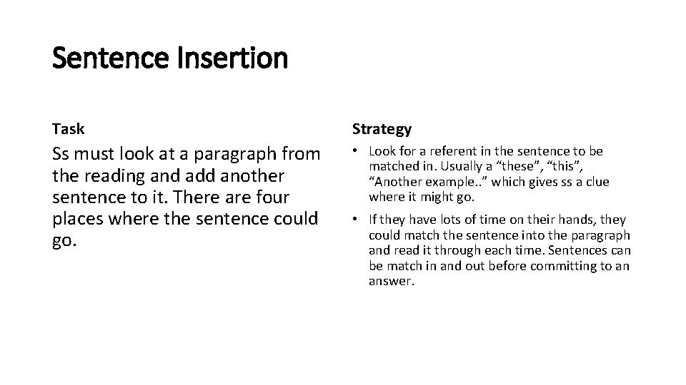 Sentence Insertion Task Strategy Ss must look at a paragraph from the reading and