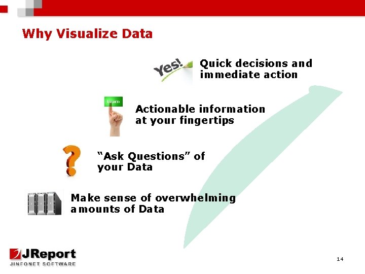 Why Visualize Data Quick decisions and immediate action Actionable information at your fingertips “Ask