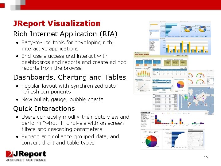 JReport Visualization Rich Internet Application (RIA) • Easy-to-use tools for developing rich, interactive applications