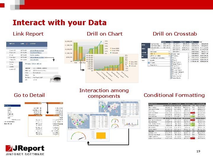 Interact with your Data Link Report Drill on Chart Drill on Crosstab Go to