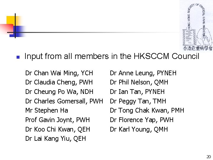 n Input from all members in the HKSCCM Council Dr Chan Wai Ming, YCH