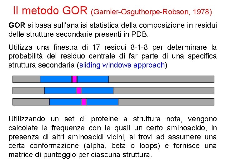 Il metodo GOR (Garnier-Osguthorpe-Robson, 1978) GOR si basa sull’analisi statistica della composizione in residui