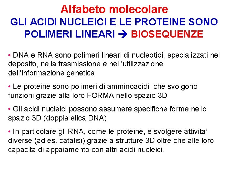 Alfabeto molecolare GLI ACIDI NUCLEICI E LE PROTEINE SONO POLIMERI LINEARI BIOSEQUENZE • DNA