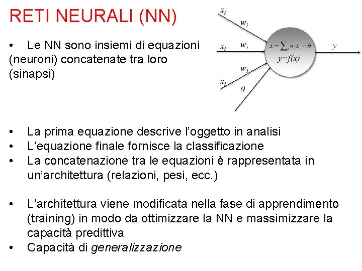 RETI NEURALI (NN) • Le NN sono insiemi di equazioni (neuroni) concatenate tra loro