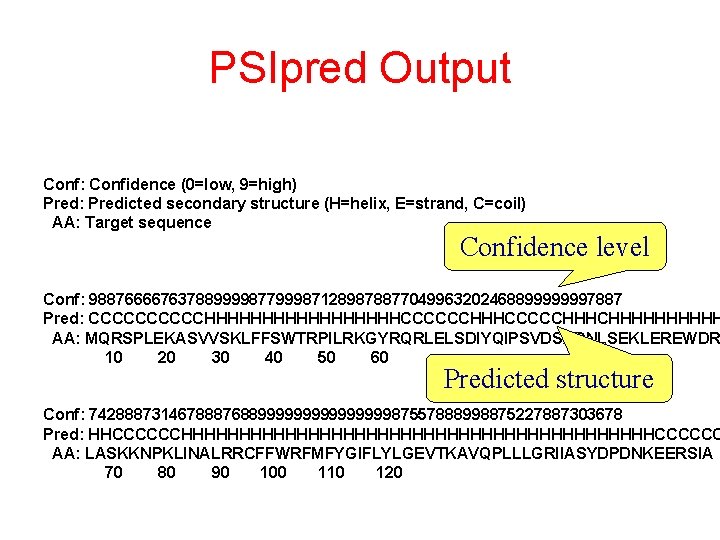 PSIpred Output Conf: Confidence (0=low, 9=high) Pred: Predicted secondary structure (H=helix, E=strand, C=coil) AA: