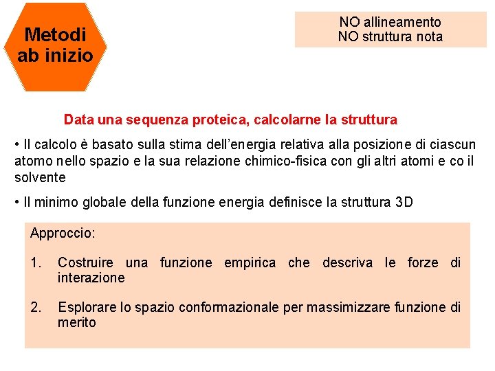 Metodi ab inizio NO allineamento NO struttura nota Data una sequenza proteica, calcolarne la