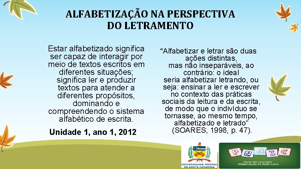 ALFABETIZAÇÃO NA PERSPECTIVA DO LETRAMENTO Estar alfabetizado significa ser capaz de interagir por meio