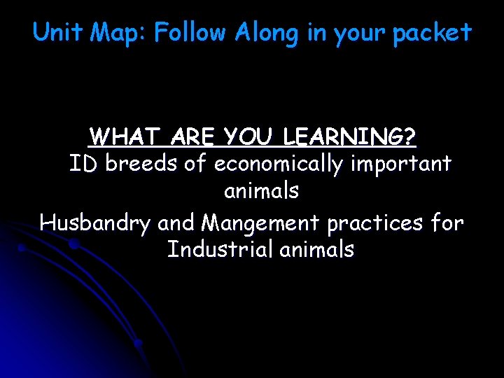 Unit Map: Follow Along in your packet WHAT ARE YOU LEARNING? ID breeds of