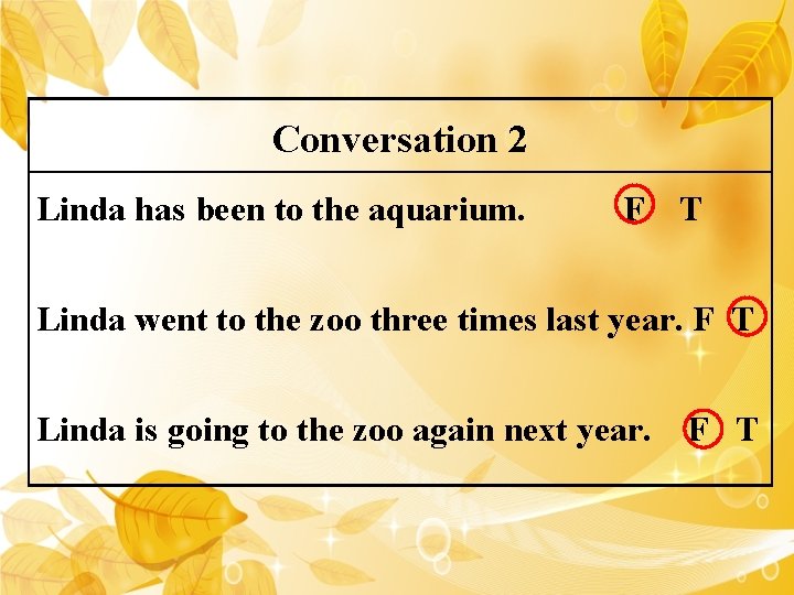 Conversation 2 Linda has been to the aquarium. F T Linda went to the