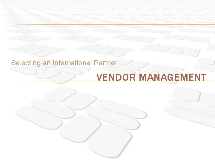 Selecting an International Partner … VENDOR MANAGEMENT 