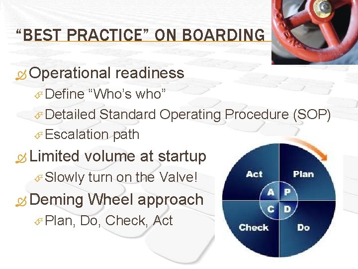 “BEST PRACTICE” ON BOARDING Operational readiness Define “Who’s who” Detailed Standard Operating Procedure (SOP)