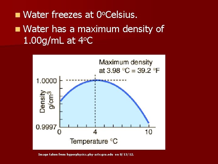 n Water freezes at 0 o. Celsius. n Water has a maximum density of