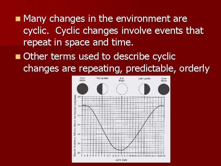 n Many changes in the environment are cyclic. Cyclic changes involve events that repeat