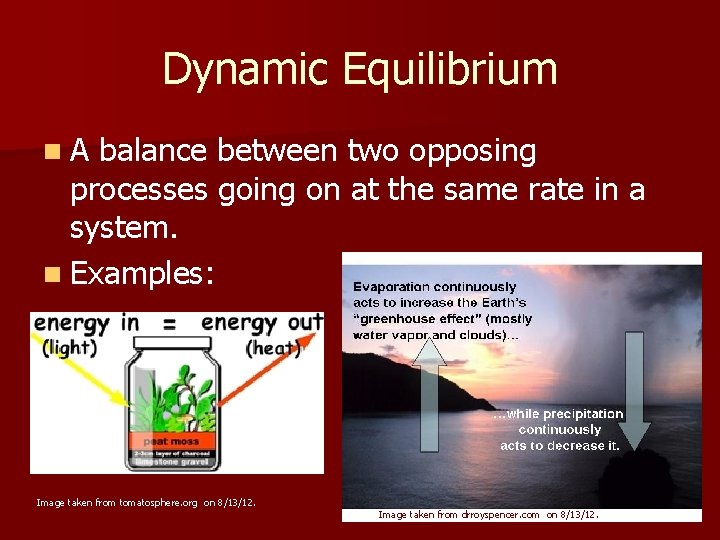 Dynamic Equilibrium n. A balance between two opposing processes going on at the same