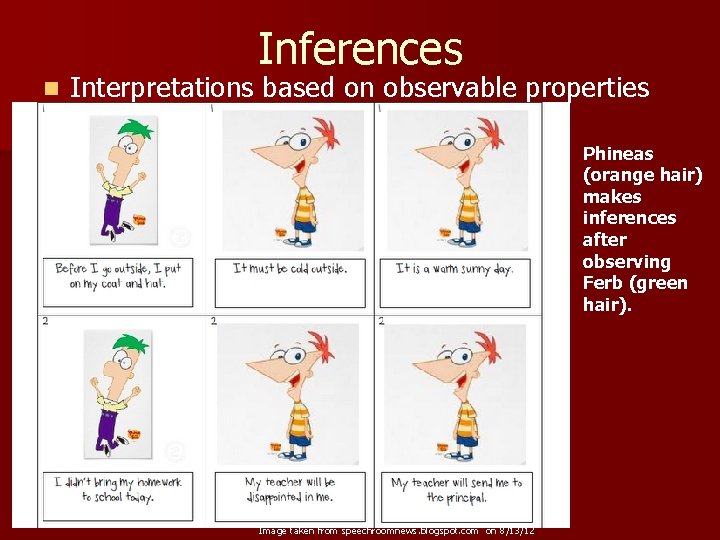 Inferences n Interpretations based on observable properties Phineas (orange hair) makes inferences after observing
