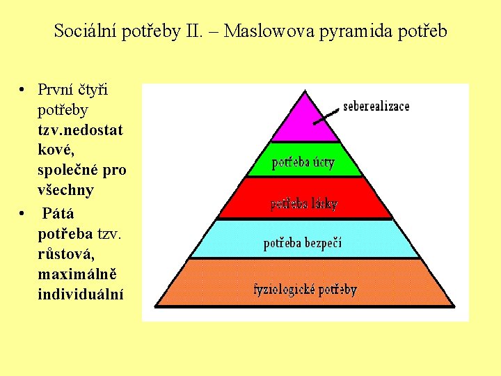 Sociální potřeby II. – Maslowova pyramida potřeb • První čtyři potřeby tzv. nedostat kové,