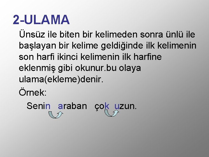 2 -ULAMA Ünsüz ile biten bir kelimeden sonra ünlü ile başlayan bir kelime geldiğinde