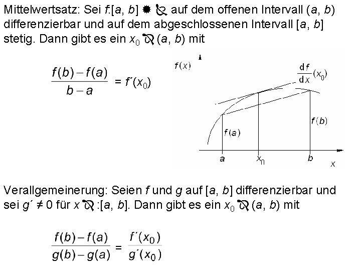 Mittelwertsatz: Sei f: [a, b] auf dem offenen Intervall (a, b) differenzierbar und auf